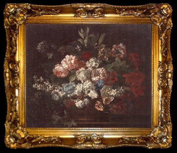 framed  unknow artist Still life of various flowers,in a wicker basket,upon a stone ledge, ta009-2
